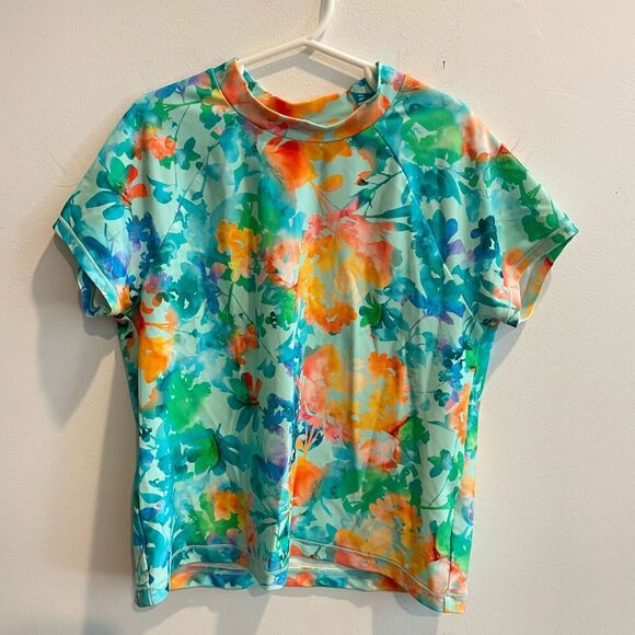 Athleta Girl Mock Neck Rashguard Top Anti-UV Floral Swim Suit L 12 Bathing Surf - Picture 10 of 11